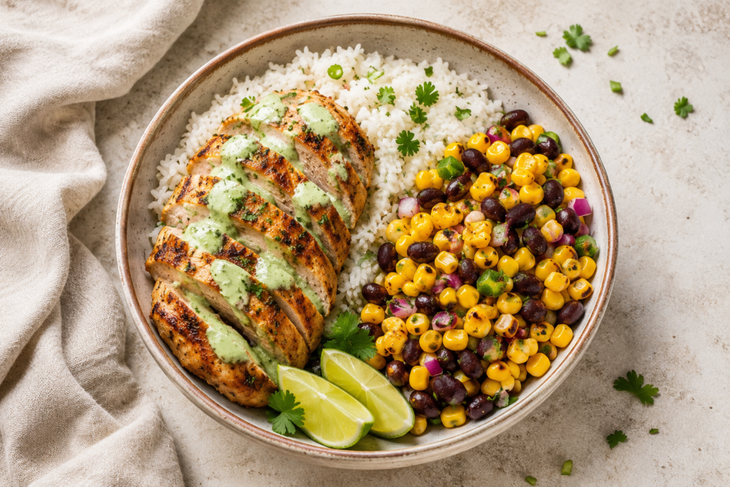 Grilled chicken rice bowl with black bean corn salsa and cilantro lime dressing