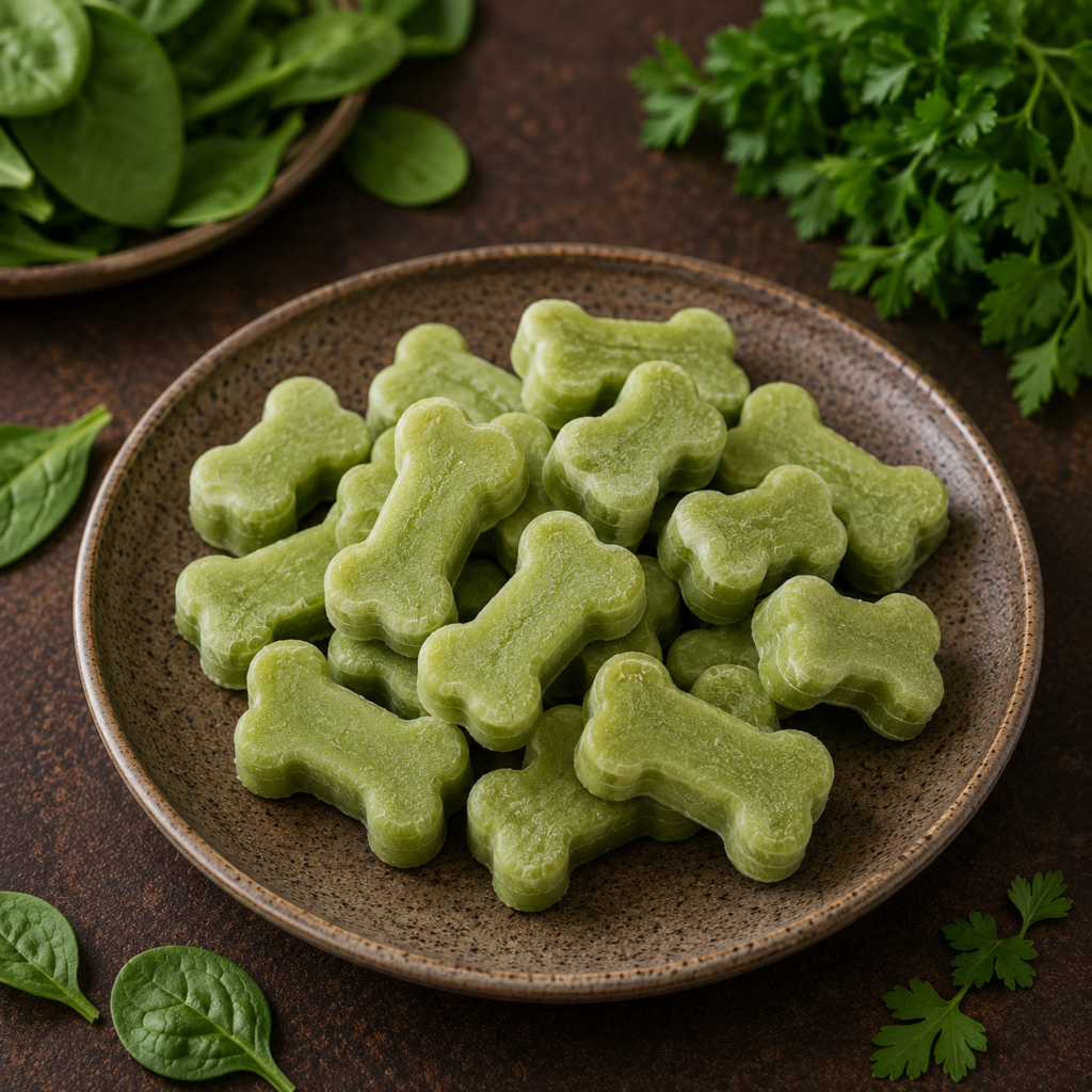 Green spinach parsley and mint frozen breath treat for dogs