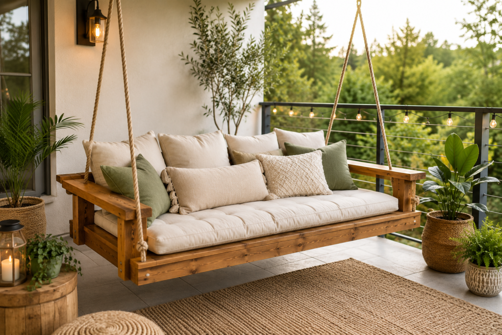 cozy pallet swing bed in garden outdoor diy idea