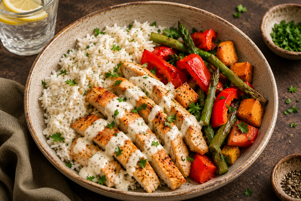 Lemon rosemary chicken rice bowl with roasted sweet potato and asparagus