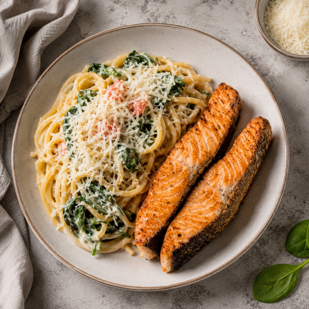 fried salmon, with creamy pasa in a bowl