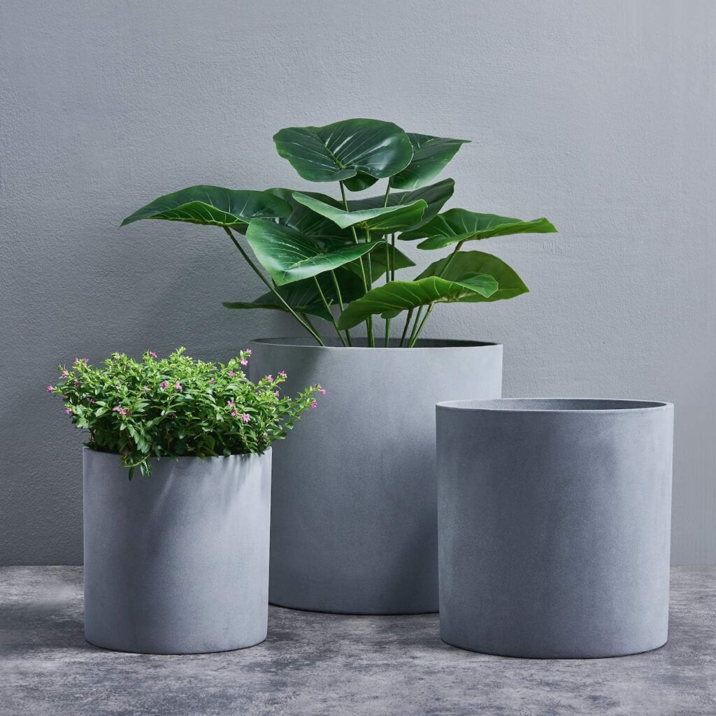 Fiberstone cylinder planter gray 12 inch for indoor staircase statement plant