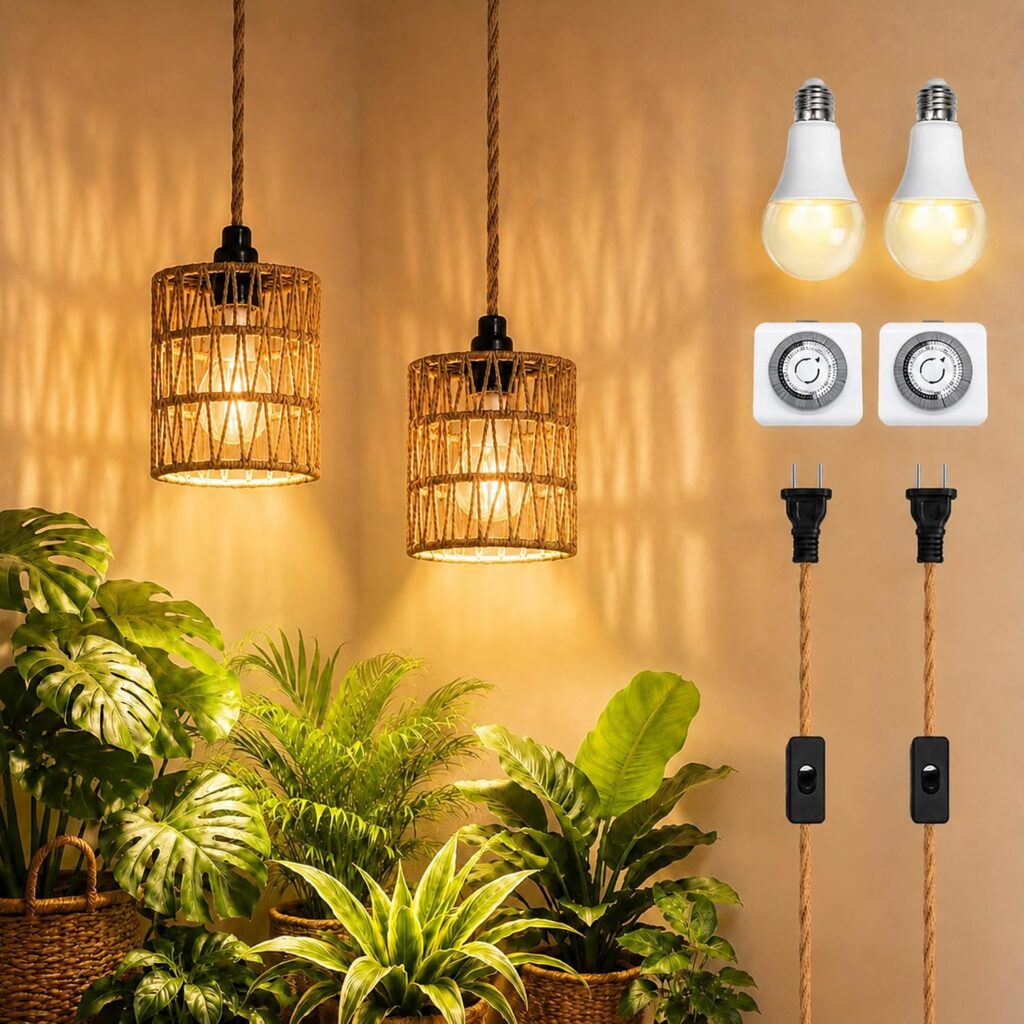 2-pack boho rattan pendant grow lights for under-stair indoor garden