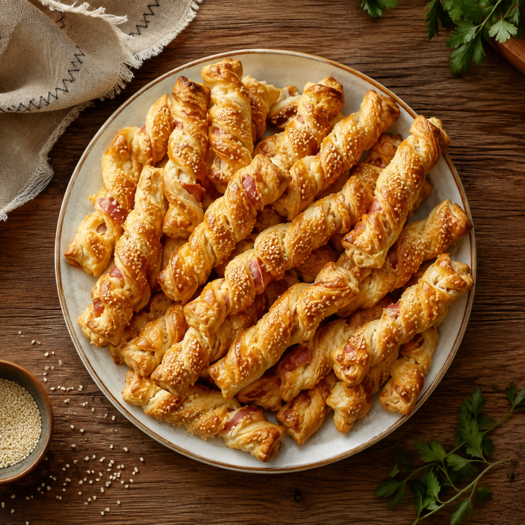 Crispy bacon twisted puff pastry sticks with sesame seeds on baking tray