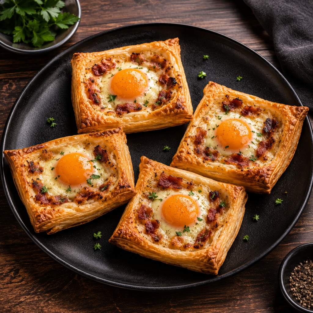 Individual puff pastry galettes with bacon caramelized onion and baked egg