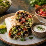 bean burrito recipes with black beans rice cheese and fresh toppings on wooden board