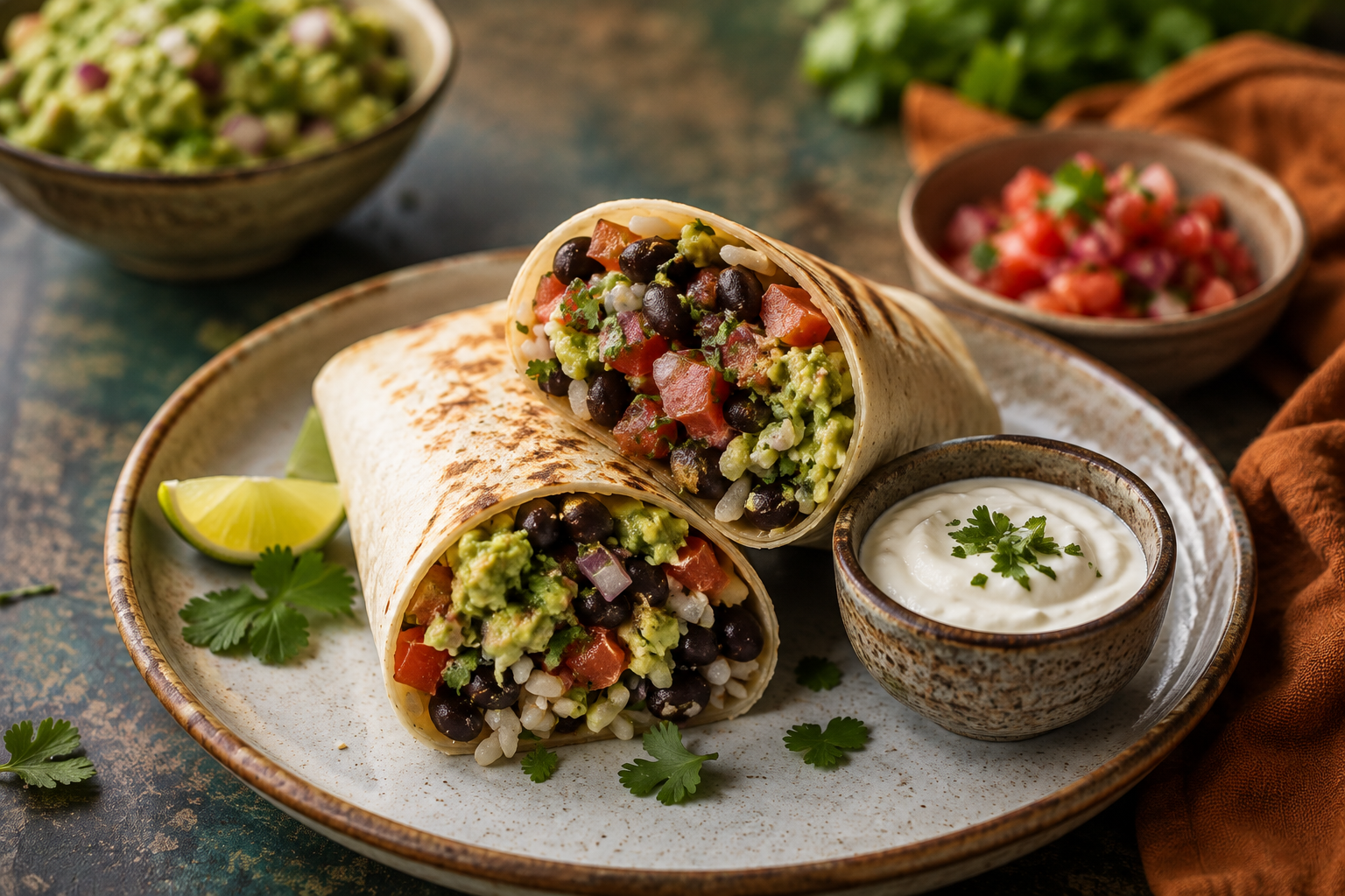 bean burrito recipes with black beans rice cheese and fresh toppings on wooden board