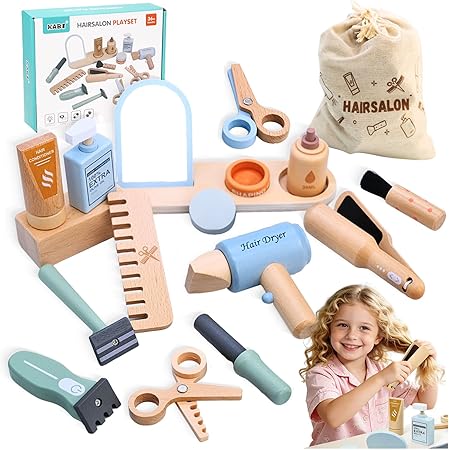 Wooden hair salon set with hair dryer and curling iron for ASMR wooden sound