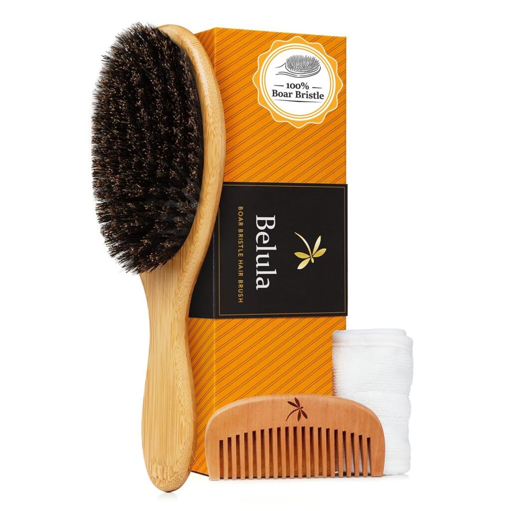 Belula boar bristle hair brush set with wooden comb travel bag and spa headband