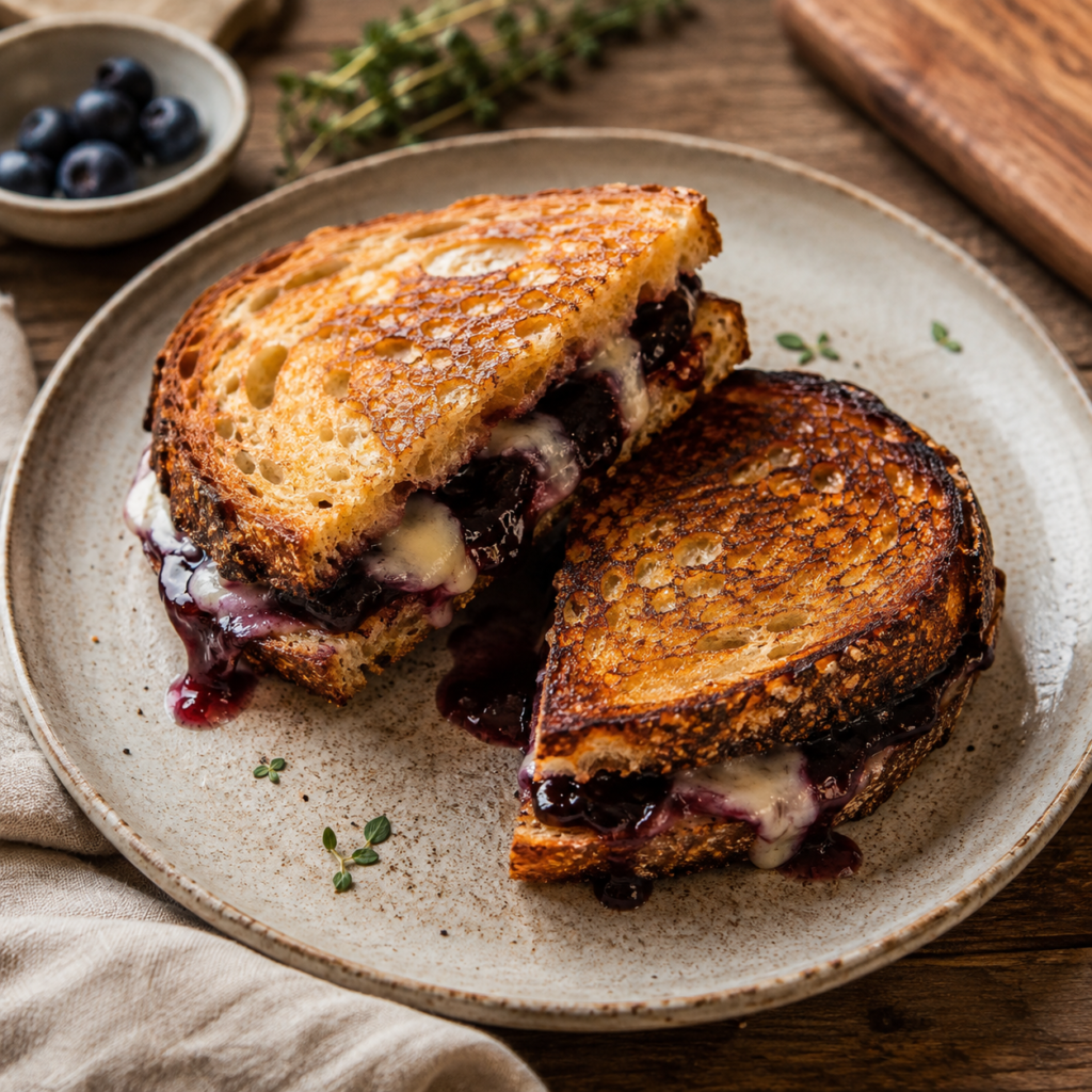 blueberry brie grilled cheese sandwich with basil