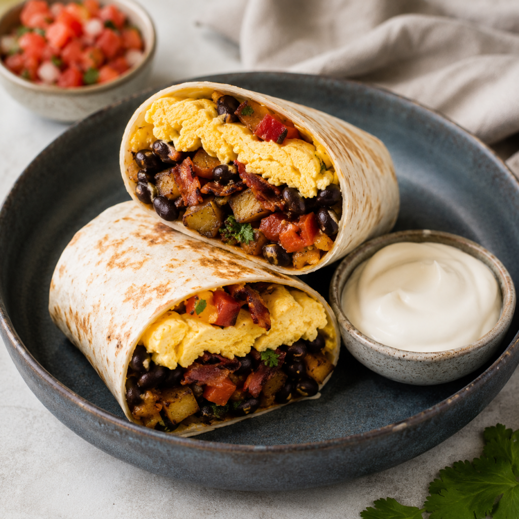 Loaded breakfast burrito with eggs bacon beans roasted potatoes and fresh salsa