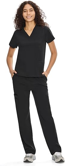 COZYFIT black scrubs set for women V-neck top with 9 pockets for spa ASMR