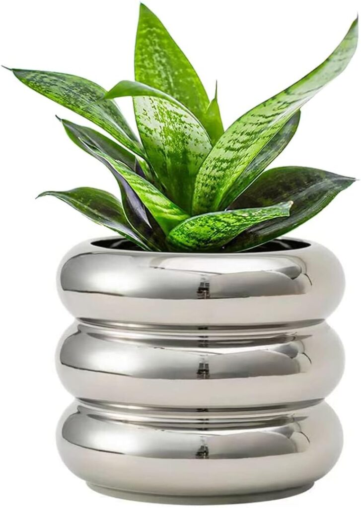 Silver ceramic plant pot with bubble design indoor planter with drainage