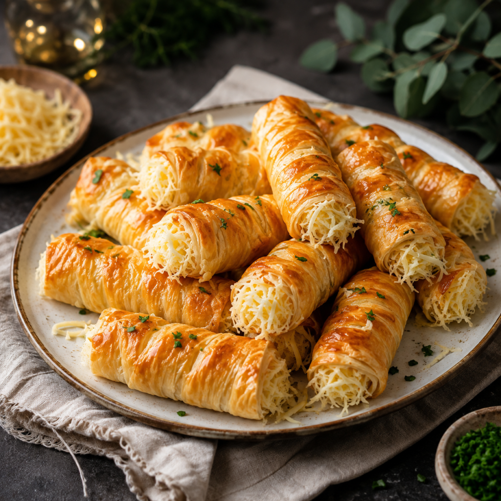 Golden puff pastry cheese rolls with creamy cheese filling on serving plate