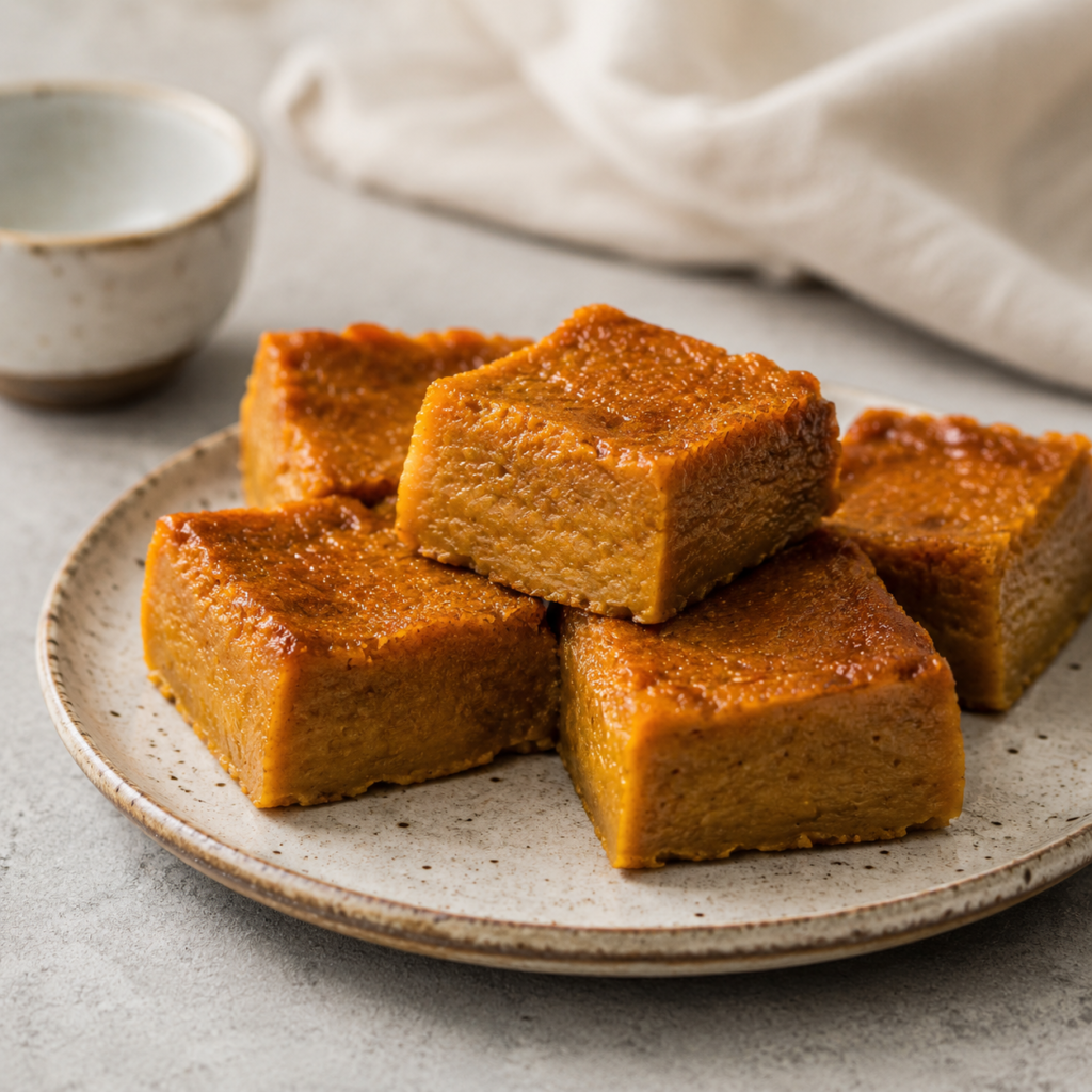 Chewy pumpkin mochi cake squares made with glutinous rice flour autumn spices