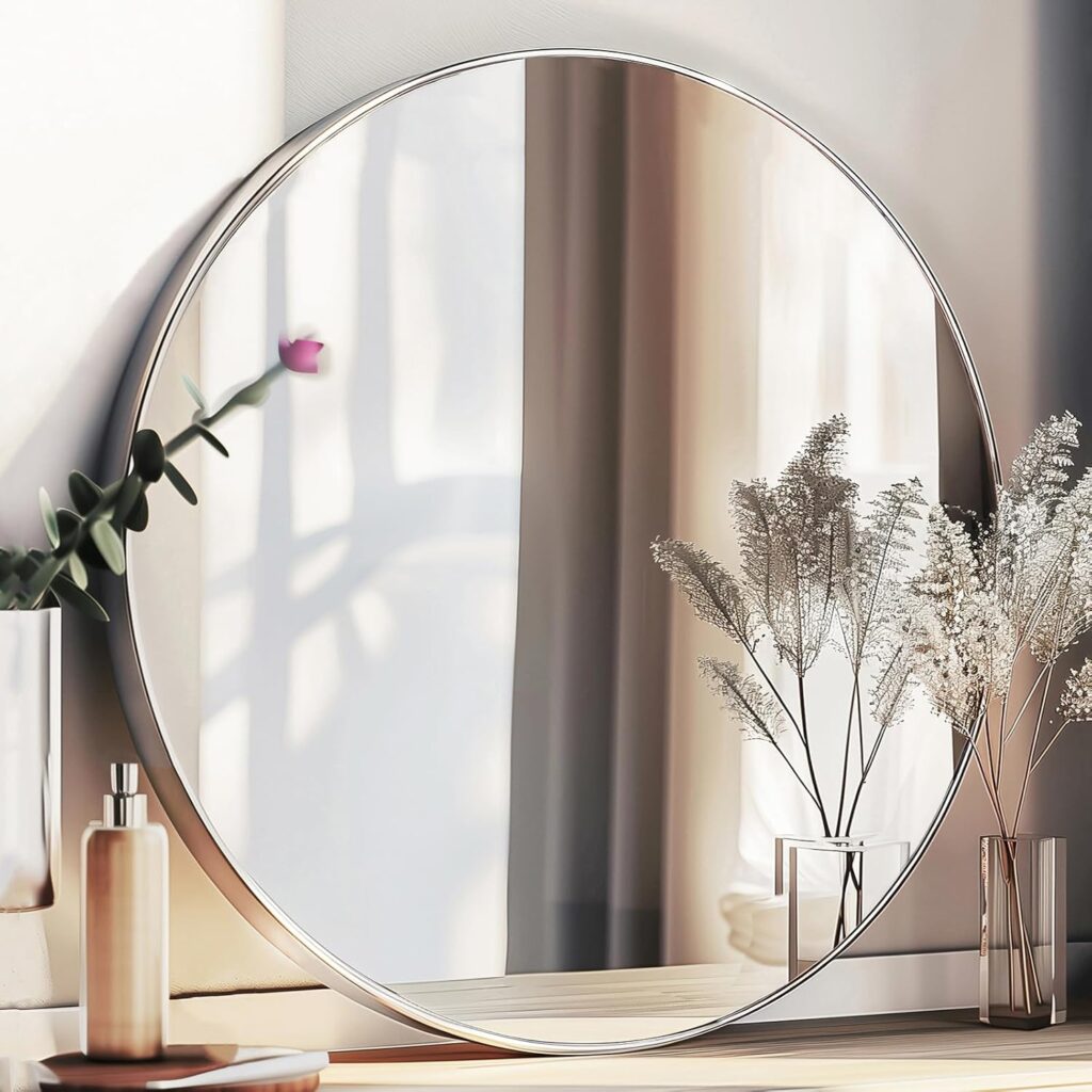 Chrome wall circle mirror 26 inch brushed metal frame high definition glass