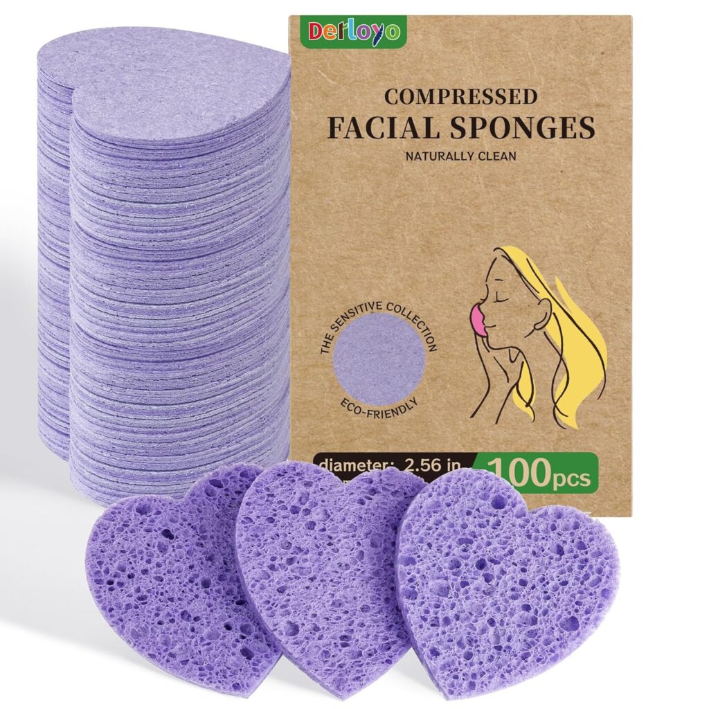100-count compressed purple heart shape facial sponges for ASMR spa cleansing