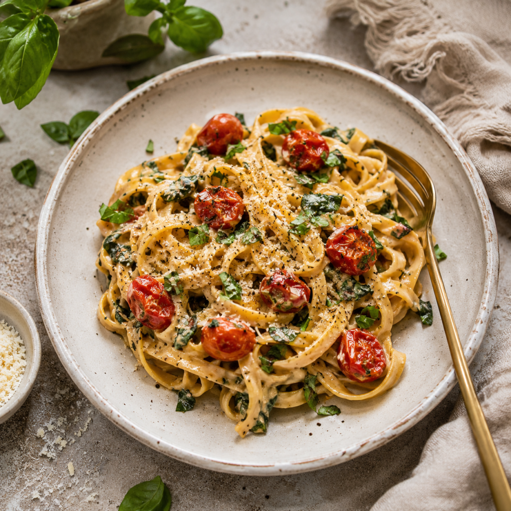 creamy brie pasta with blistered tomatoes and spinach