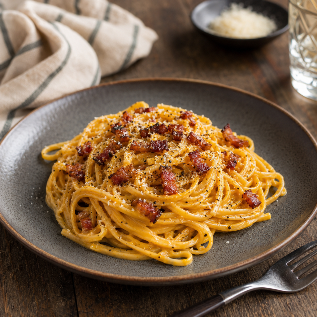 Creamy pumpkin carbonara with crispy pancetta spaghetti and parmesan
