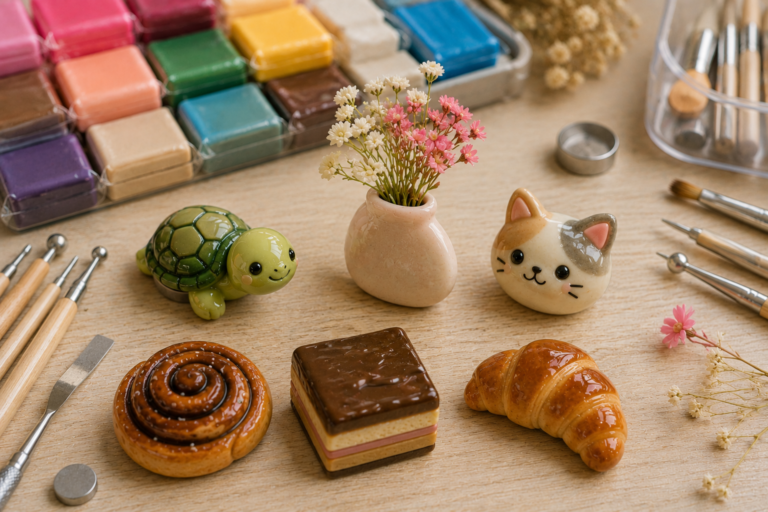 DIY clay crafts animal figurines and fridge magnets made from air dry and polymer clay
