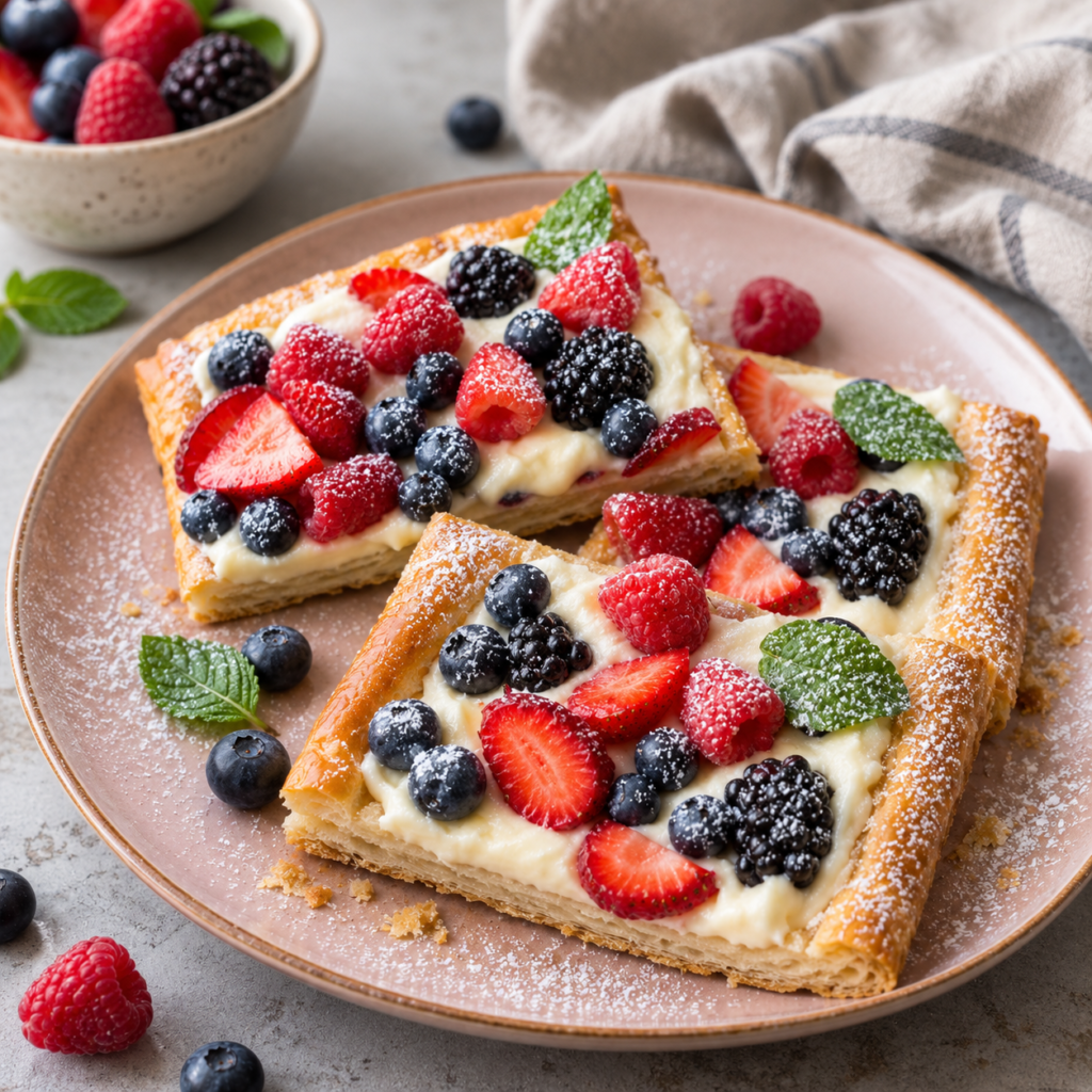 Easy berry cheesecake puff pastry tart with mascarpone cream and fresh berries
