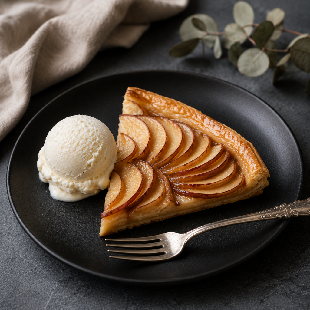 Classic puff pastry pear tart with cinnamon apple sauce and red pear slices