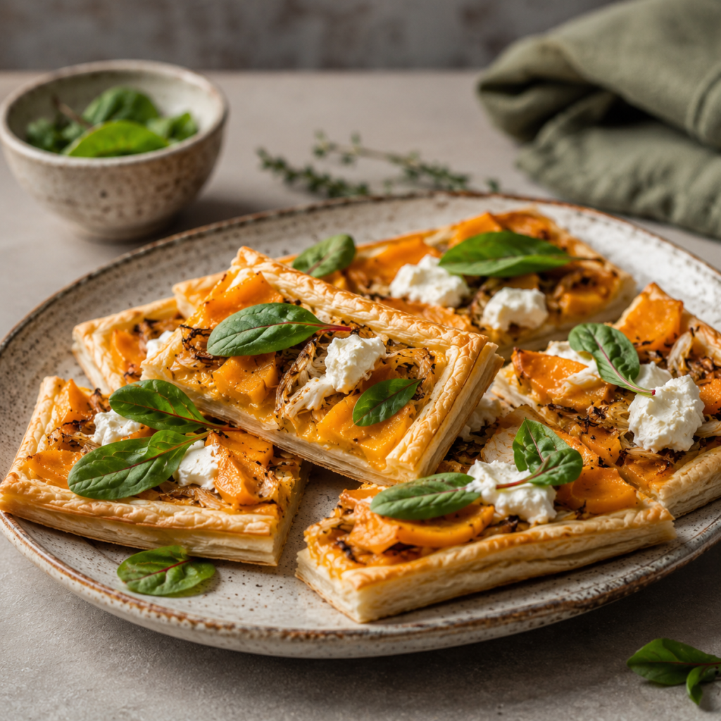 Puff pastry tart with pumpkin puree roasted fennel and persimmon slices