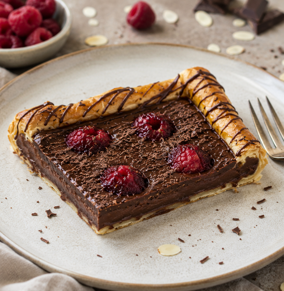 Rich chocolate raspberry puff pastry tart with fudgy filling and fresh raspberries