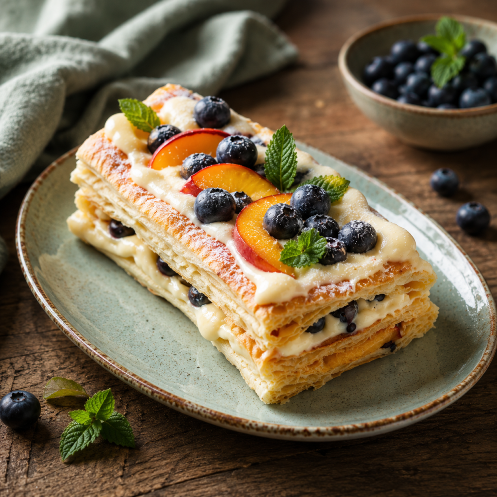 Layered vanilla cream puff pastry tart with fresh blueberries and peach slices