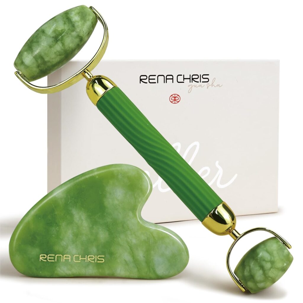 Rena Chris green jade gua sha and face roller set for lymphatic drainage ASMR