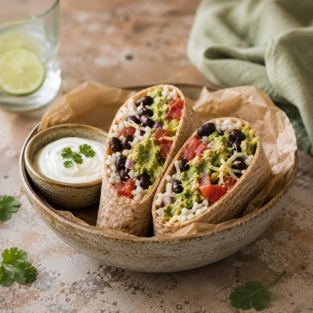 Guacamole and black bean burrito pan-fried golden with rice and cheddar
