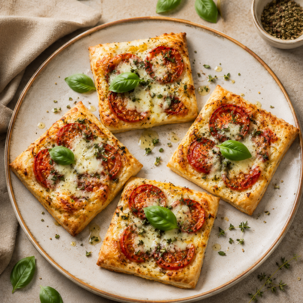 Italian puff pastry tart with mozzarella fresh tomatoes and herbs