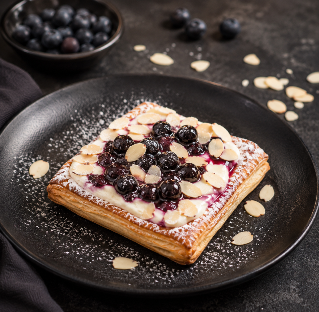 Individual lemon mascarpone cream puff pastry tarts with honey glazed blueberries