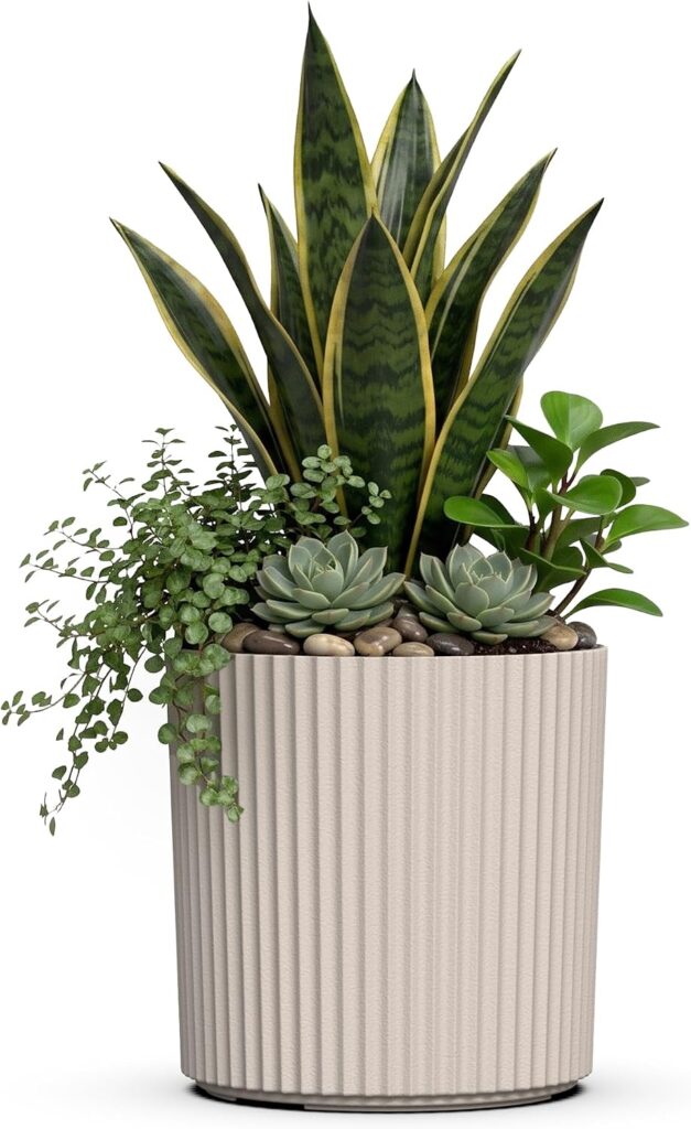 Mayne Haven 10 inch round fluted planter in chai for indoor staircase garden