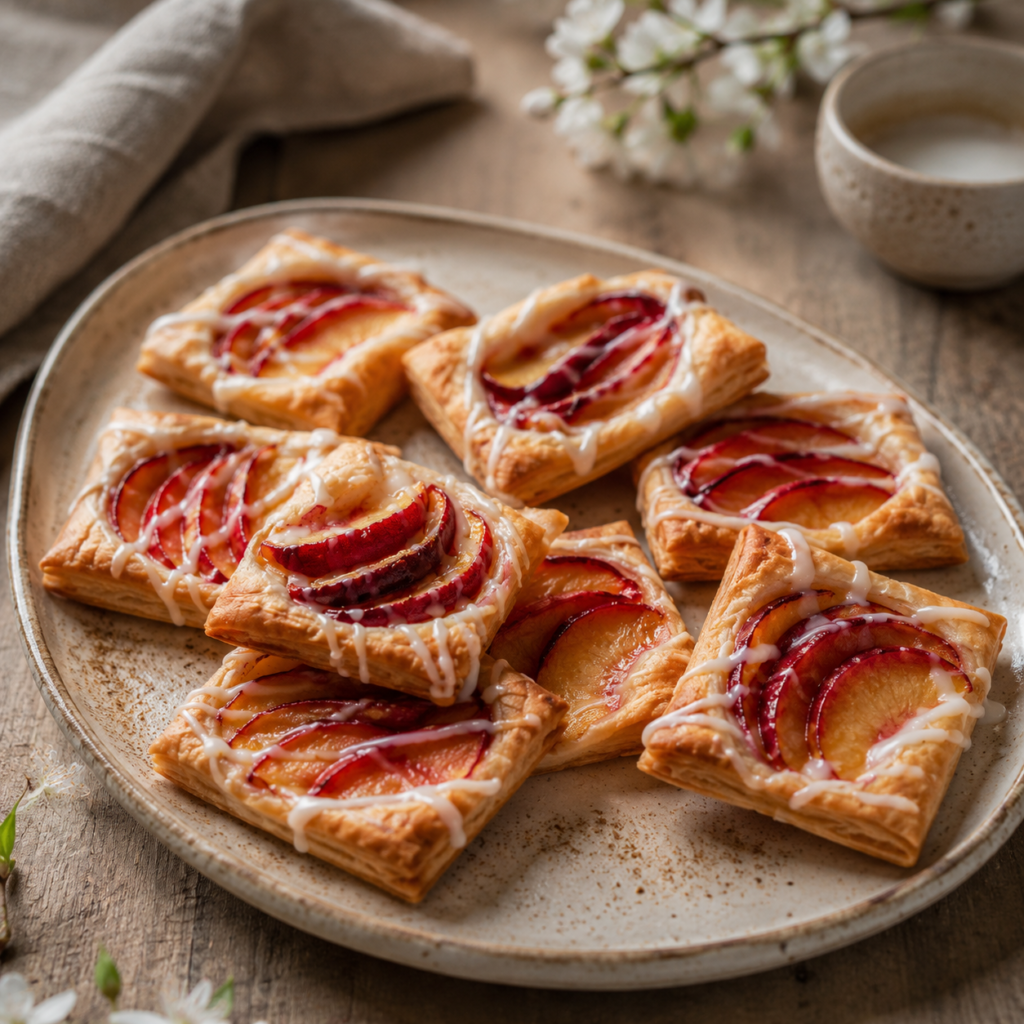 Mini puff pastry tarts with sliced peaches and honey golden and flaky