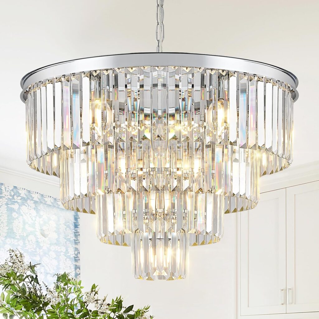 Modern crystal chandelier 12-light chrome round fixture 4-tier K9 crystal pendant