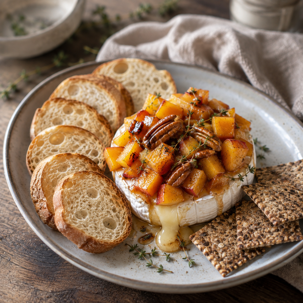 peach pecan baked brie with honey and cinnamon