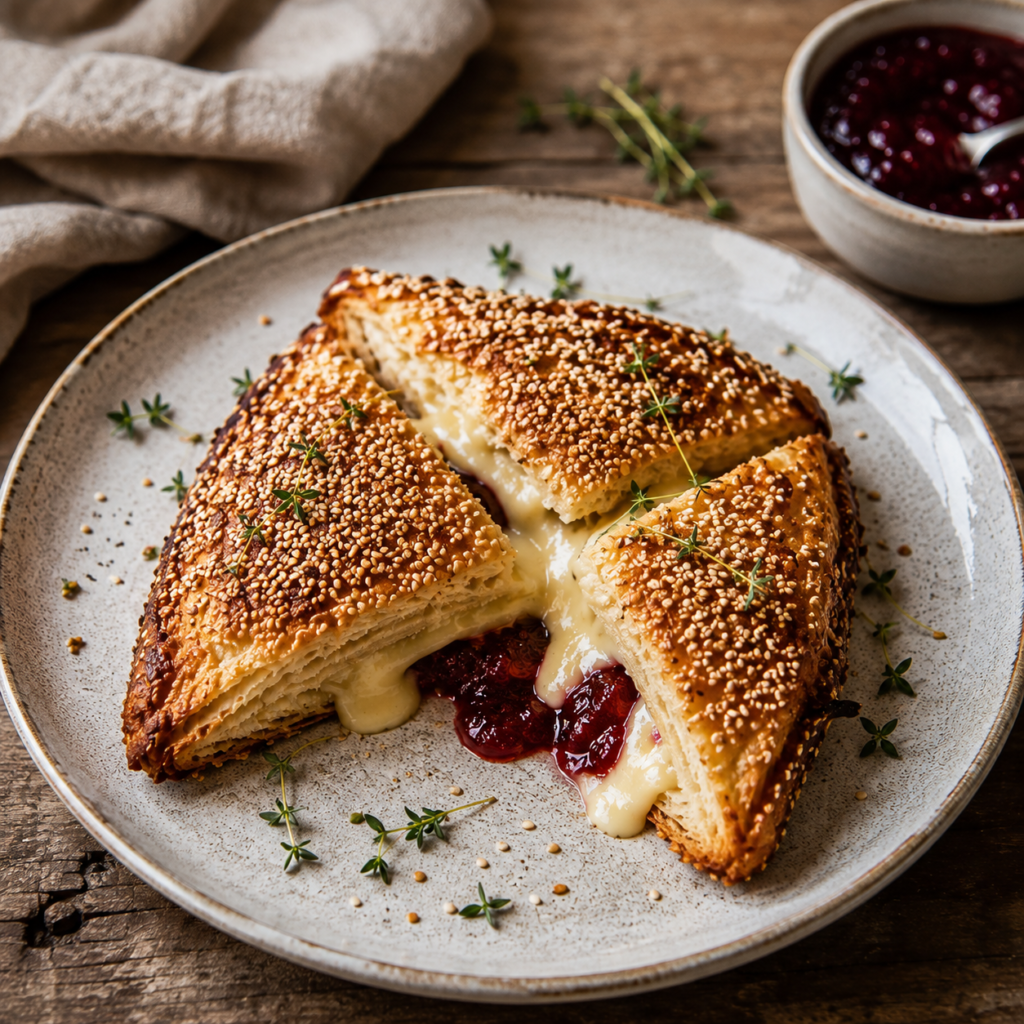 rosciutto wrapped baked brie in puff pastry