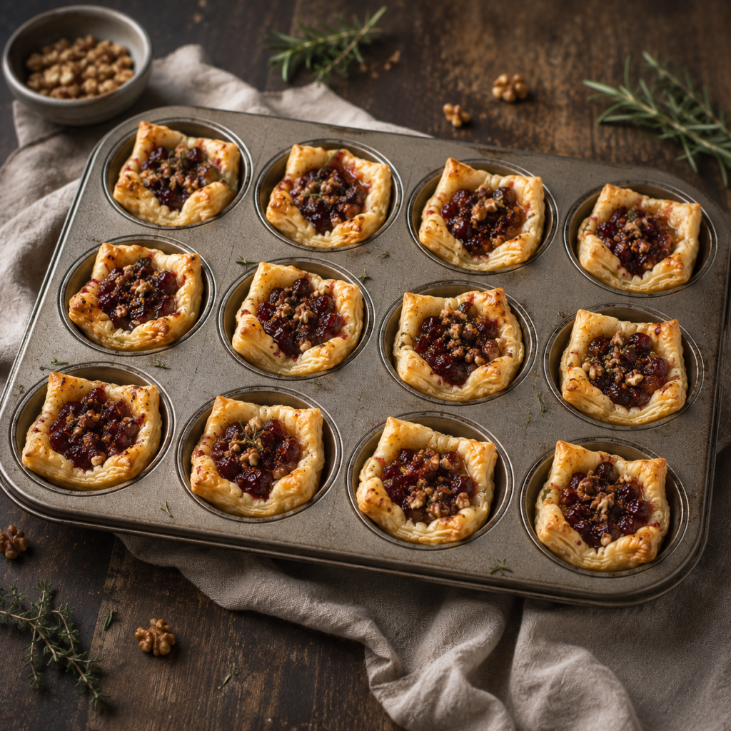puff pastry brie bites with cranberry and pecans