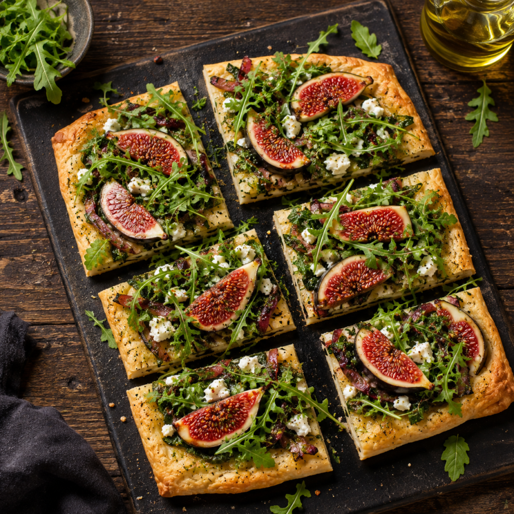 Elegant puff pastry fig tart with blue cheese parmesan and mixed greens