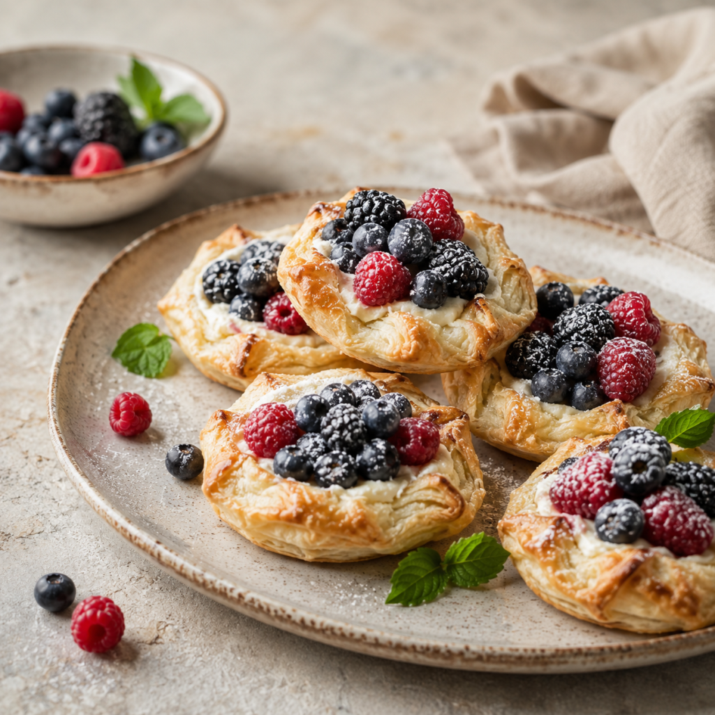 Puff pastry tarts with vanilla cream cheese and mixed berries blueberry raspberry