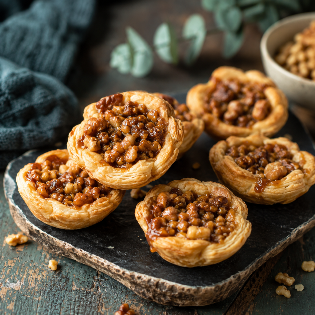 Individual puff pastry walnut tart cups with sticky brown sugar filling
