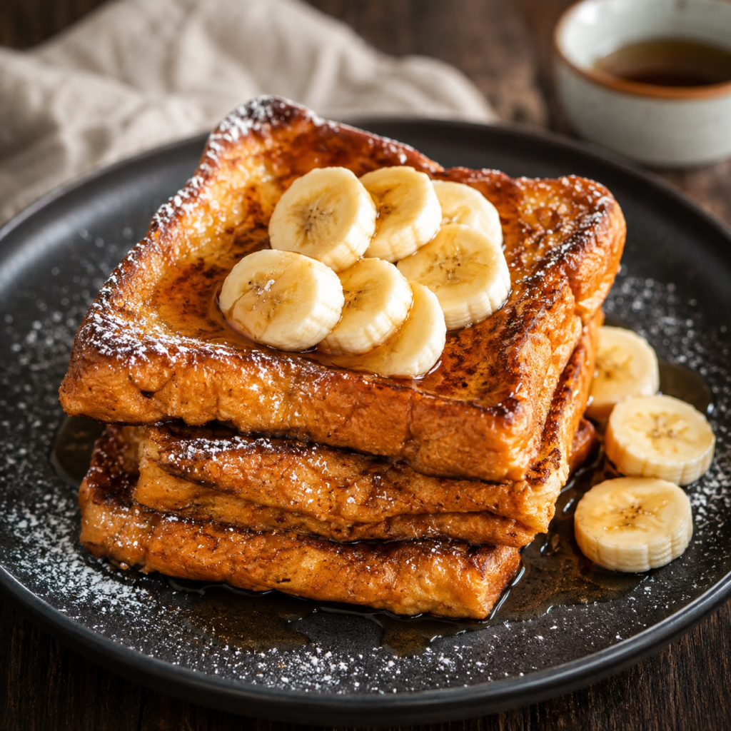 Golden pumpkin french toast with maple syrup sliced apple and cinnamon on plate