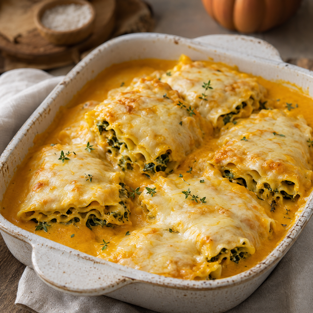 Pumpkin lasagna roll-ups with ricotta spinach and butternut squash sauce in baking dish