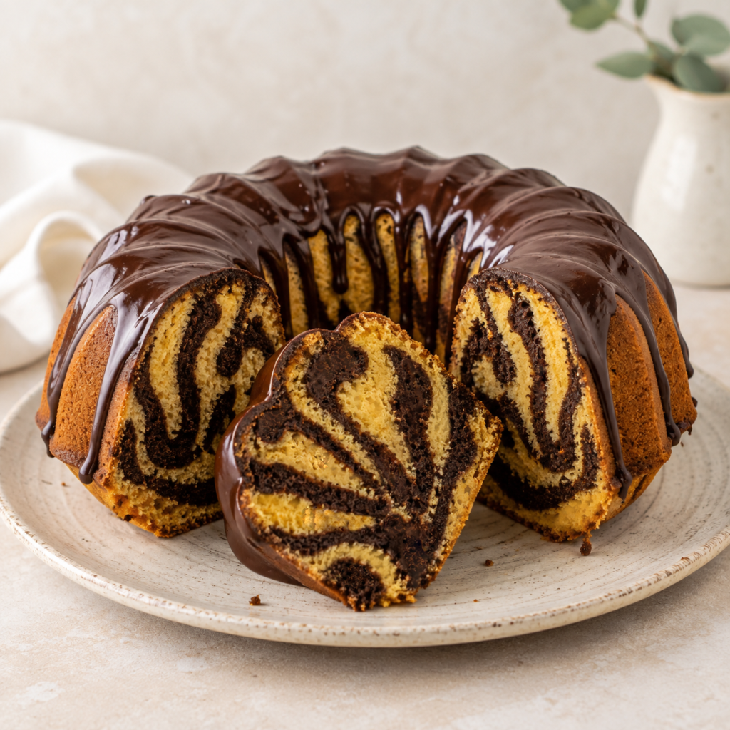 Spiced pumpkin marble cake with cocoa swirl and chocolate glaze on cooling rack