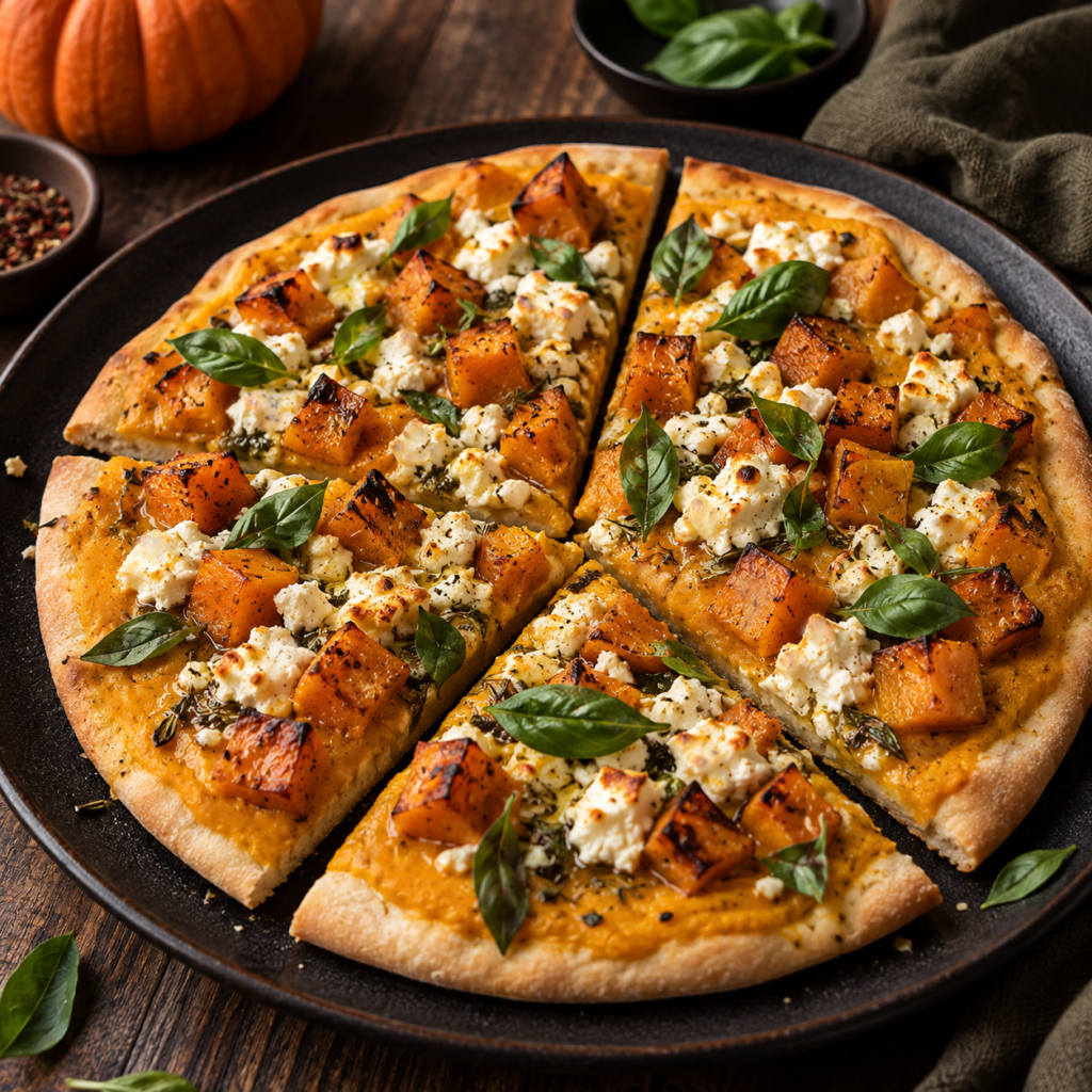 Savory pumpkin pizza with butternut squash feta and fresh basil on crispy crust