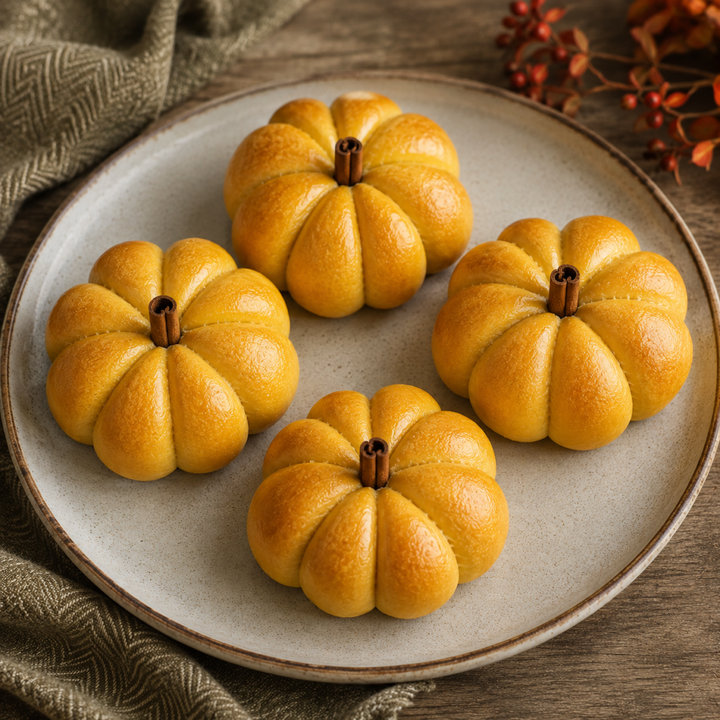 Pumpkin shaped sweet dinner rolls tied with kitchen twine on baking tray