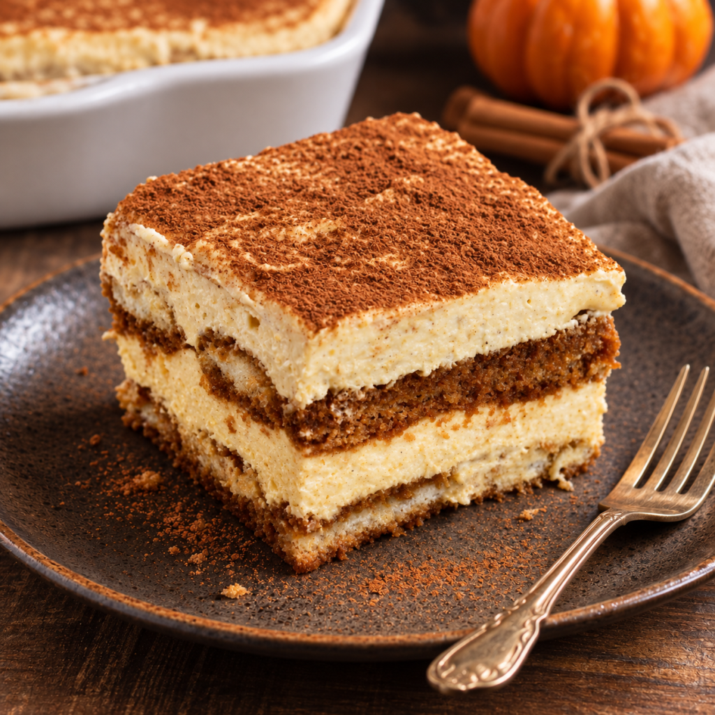 Layered pumpkin tiramisu with mascarpone cream coffee ladyfingers and cocoa dusting
