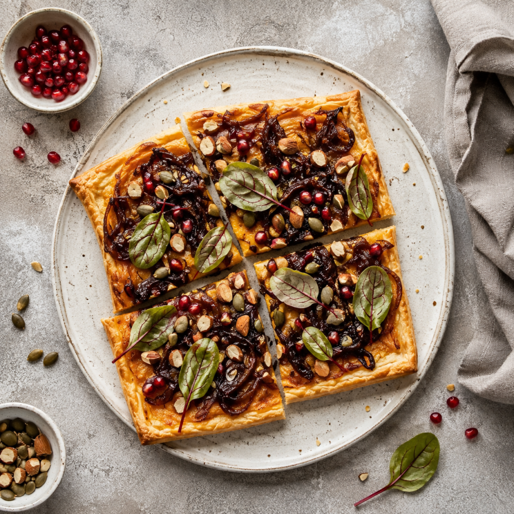 Savory puff pastry tart with pumpkin puree caramelised onion and pomegranate