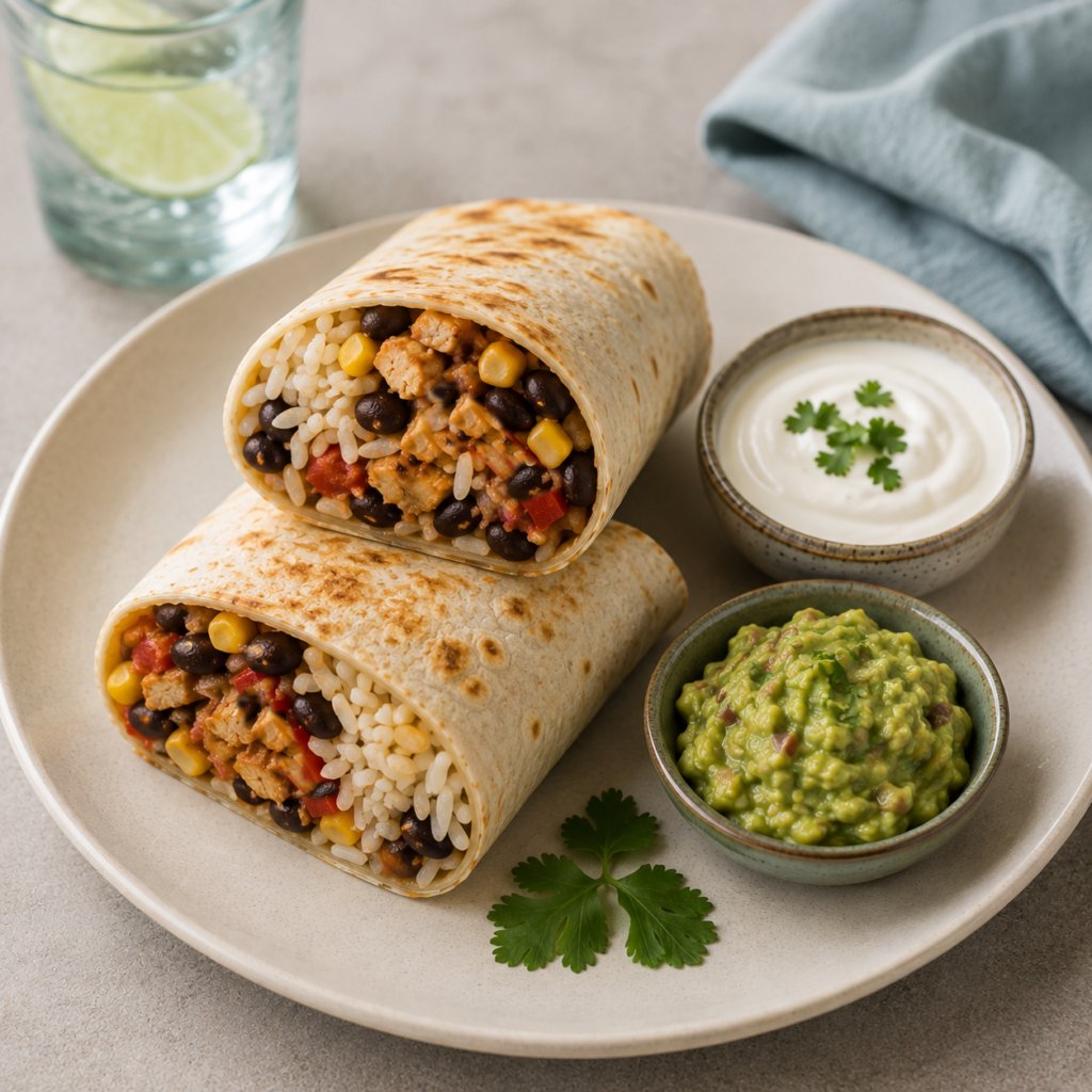 Quick chicken burrito with black beans rice corn and cheddar cheese